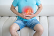 Stomach ulcer, man with abdominal pain suffering at home, symptoms of gastritis, diseases of the digestive system
