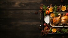 Holiday Table Setting For The Festive Season, Symbolizing A Blend Of Thanksgiving And Christmas Celebrations. The Top View Decorated Table With Elements Like A Succulent Turkey, Generative Ai