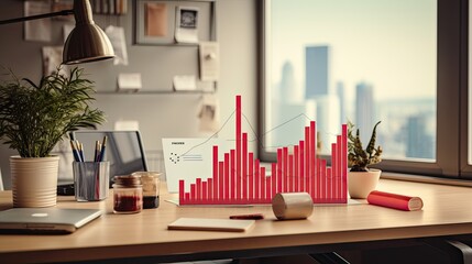 Canvas Print - Red graph line made from objects in office desk, graph indicates improvement