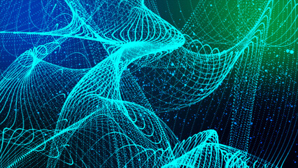 Poster - Blue abstract dots or particle backgrounds. 3D rendering of bright glowing purple distorted particles in waves. Particles Futuristic digital background for business Science and technology