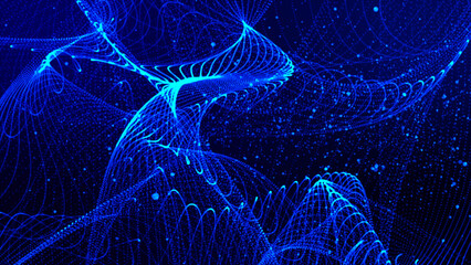 Poster - Purple color abstract dots or particle backgrounds. 3D rendering of bright glowing purple distorted particles in waves. Particles Futuristic digital background for business Science and technology