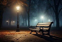 A Bench In The Center Of A Park On A Misty Evening, With A Distant Lamppost And Trees In The Backdrop. Generative AI