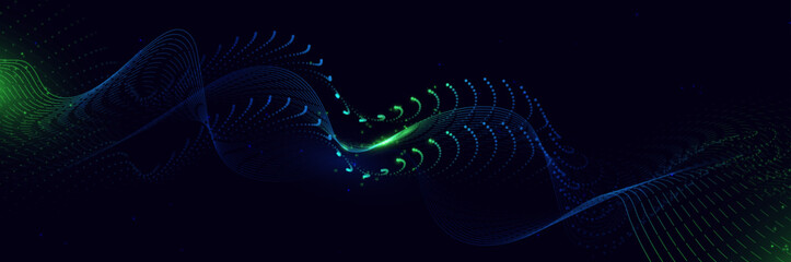 Fototapete - Blue and Green abstract digital dynamic wavy glowing dot line banner background. Network or connection. Modern futuristic hi-technology concept. Vector illustration