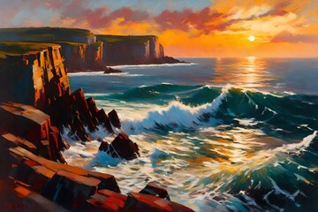 Sticker - An impressionist oil painting of a coastal cliff at sunset, echoing the style of Boudin, with dramatic colors, crashing waves, and a sense of the sublime in nature's beauty