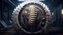 A Trilobite Fossil Overlaid On An Industrial Gear, Suggesting The Inexorable March Of Time And Innovation.