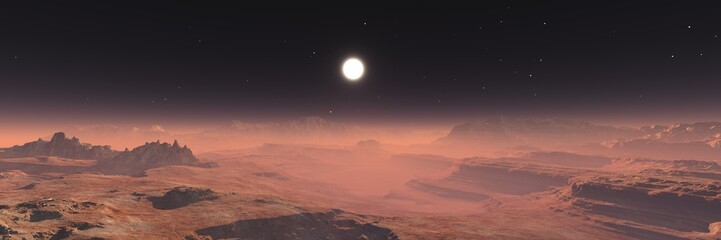 Wall Mural - mars, surface of mars, martian landscape at sunset, 3d rendering