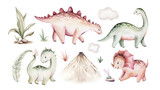 Fototapeta Dziecięca - Watercolor cute cartoon dino. Dinosaurs Set Isolated on a White Background Illustration, Baby shower invitation kids birthday jurassic party. tyrannosaurus