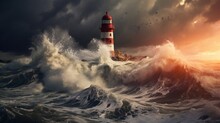 Ship Lighthouse Storm Waves Sea
