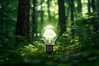 Light bulb in forest with carbon reduction icon. Promoting ESG and ecology. Nature meets technology for a greener world. Generative AI.