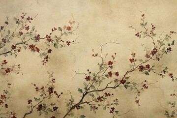  Vintage Canvas with Vines and Red Flower Texture Background