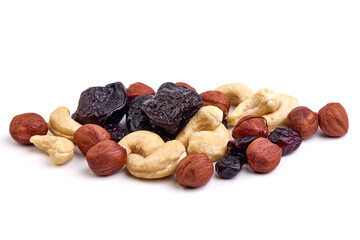 Poster - Nut and dried fruit mix, isolated on white background.