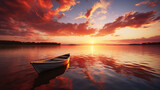 Fototapeta Zachód słońca - A vibrant, multi-colored sunset over a lake, with a few boats sailing on the horizon