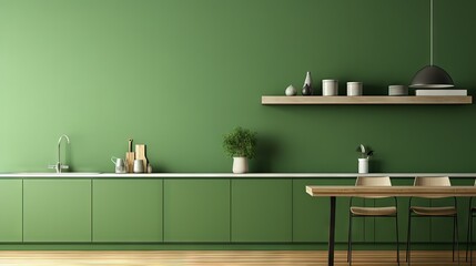 Wall Mural - Green kitchen room and minimalist interior design.3d rendering