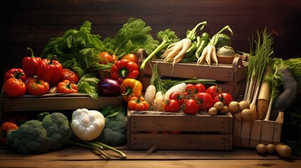 Canvas Print - Organic food. Harvest of fresh vegetables in old boxes. On a wooden table.