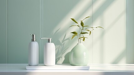 Poster - 3D Rendering Minimal Refreshing Pastel Green and White Bathroom or Kitchen under Sunlight and Shadow Background for Toiletries or Beauty Products Display.
