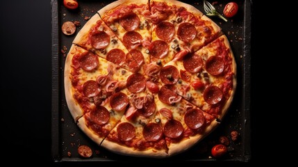 Poster - Pepperoni pizza in box with spicy salami sausage, mozzarella cheese, tomato sauce, just delivered,, black table background, top view