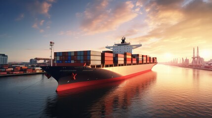 Container ship on ocean, Business logistic import - export transport front view in sunset