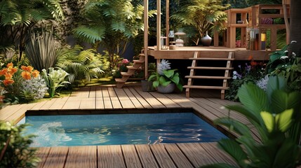 Poster - small wooden-framed children's pool for a modern effect at the bottom of the garden with small wooden stairs