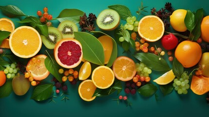 Aufkleber - Creative layout made of summer tropical fruits and leaves. Flat lay. Food concept.