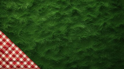 Sticker - Green grass red checked picnic cloth blanket top view background.Food advertisement design backdrop.