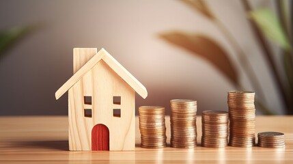 Aufkleber - House and property investment and asset management concept. Loan, Mortgage, Inflation, Sale and tax rise. House icon and percentage sign on wooden block. Home price or increase of interest rate.