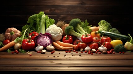 Poster - Vegetables on wood. Bio Healthy food, herbs and spices. Organic vegetables on wood