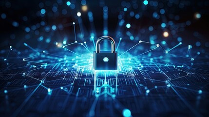 Aufkleber - Cybersecurity data protection technology concept and internet network connection. A connected polygon light on the right with binary code and a small icon on a dark blue background.
