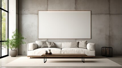 Wall Mural - 3d render of modern living room with white sofa and coffee table, decorative wall with embossed panels, carpet on concret floor. Frame mockup