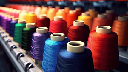 Poster - synthetic textile thread, thread at industrial weaving manufacturing machine, textile fabric production industrial concept background