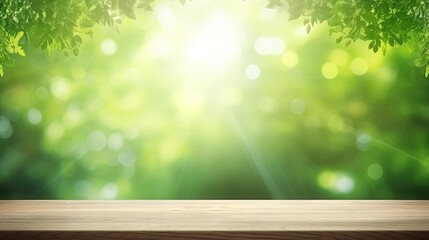 Poster - Empty of wood table top on blur of curtain window and abstract green from garden with sunlight .For montage product display or design key visual layout