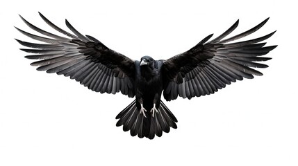 Birds flying ravens isolated on white background Corvus corax. Halloween - flying bird. silhouette of a large black bird cut on a white background for graphic design applications