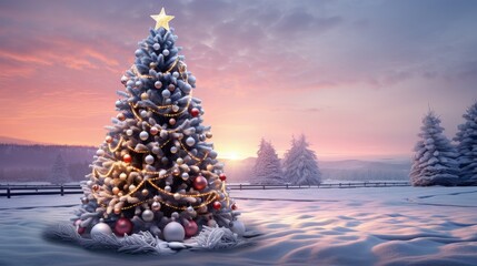 Poster - Beautiful decorated snowed in christmas tree in a cold winterlandscape