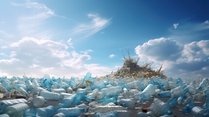 Poster - A lot of plastic waste bottles with a beautiful blue sky in the background