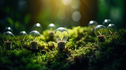 Poster - Light bulbs convey the concept of clean energy growth and business growth. Start up business concept, CSR concept