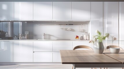 Sticker - Blurred view of modern kitchen with white furniture