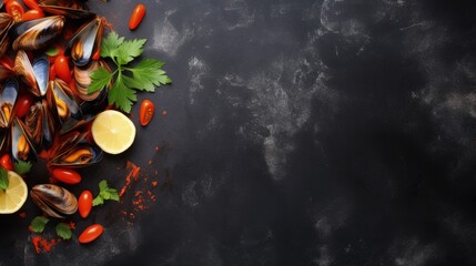 Poster - Cooked mussels with tomato sauce, garlic, parsley and lemon. Seafood. Free space for text. On a stone background.