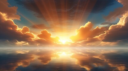 Fototapete - Divine glow through the clouds of the evening warm sun. Concept of peace and happiness.