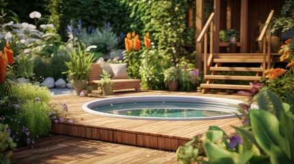 Poster - small wooden-framed children's pool for a modern effect at the bottom of the garden with small wooden stairs