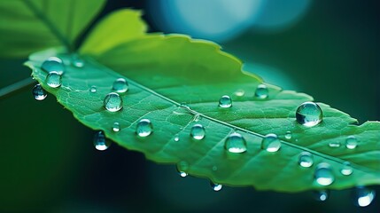 Poster - Large drop water reflects environment. Nature spring photography — raindrops on plant leaf. Background image in turquoise and green tones with bokeh.