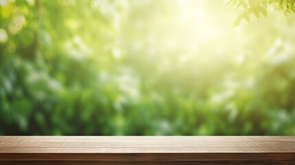 Canvas Print - Empty of wood table top on blur of curtain window and abstract green from garden with sunlight .For montage product display or design key visual layout