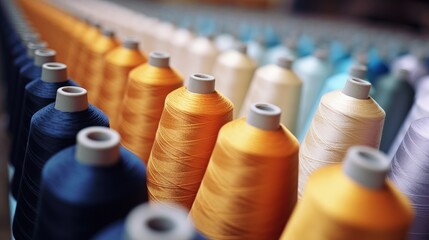 Poster - synthetic textile thread, thread at industrial weaving manufacturing machine, textile fabric production industrial concept background