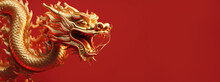 Golden Chinese Dragon On Red Color Background, Generative Ai