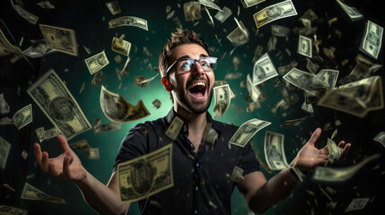 Wall Mural - Attractive man stands under money fly rain.