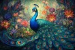 Artistic scene displaying a vibrant, lush, exotic environment adorned by a magnificent peacock. Generative AI