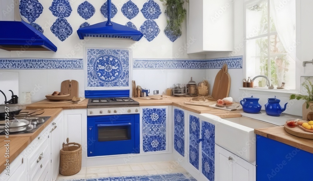Cocina con azulejos azules y arquitectura tradicional catalana, Cocina ...