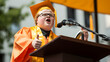 Enthusiastic graduate with Down syndrome proudly addressing the audience during a graduation ceremony