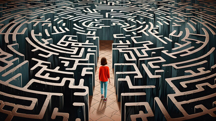Child is facing a surreal complicated labyrinth ahead of him, concept of a life path