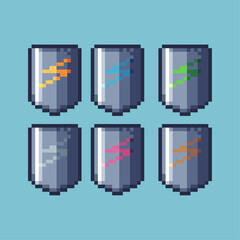 Fototapete - Pixel art sets of electric shield silver with variation color item asset. Simple bits of shield pixelated style. 8bits perfect for game asset or design asset element for your game design asset.