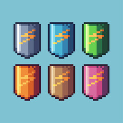 Fototapete - Pixel art sets of electric shield with variation color item asset. Simple bits of shield pixelated style. 8bits perfect for game asset or design asset element for your game design asset.