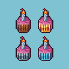 Poster - Pixel art sets of cake with candle with variation color item asset. Simple bits of cake pixelated style. 8bits perfect for game asset or design asset element for your game design asset.